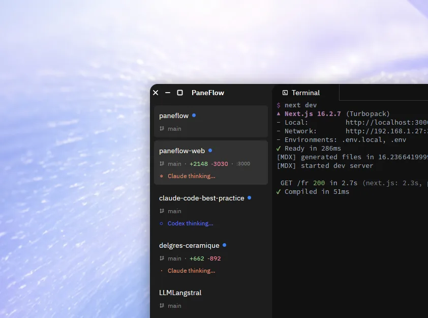 Paneflow sidebar showing git branch, diff, servers, and Claude Code and Codex status