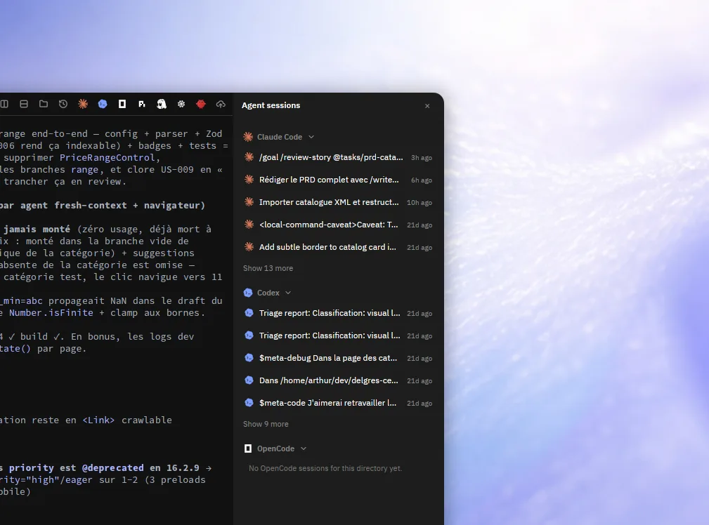List of available Claude Code, Codex, and OpenCode sessions for the current project in Paneflow