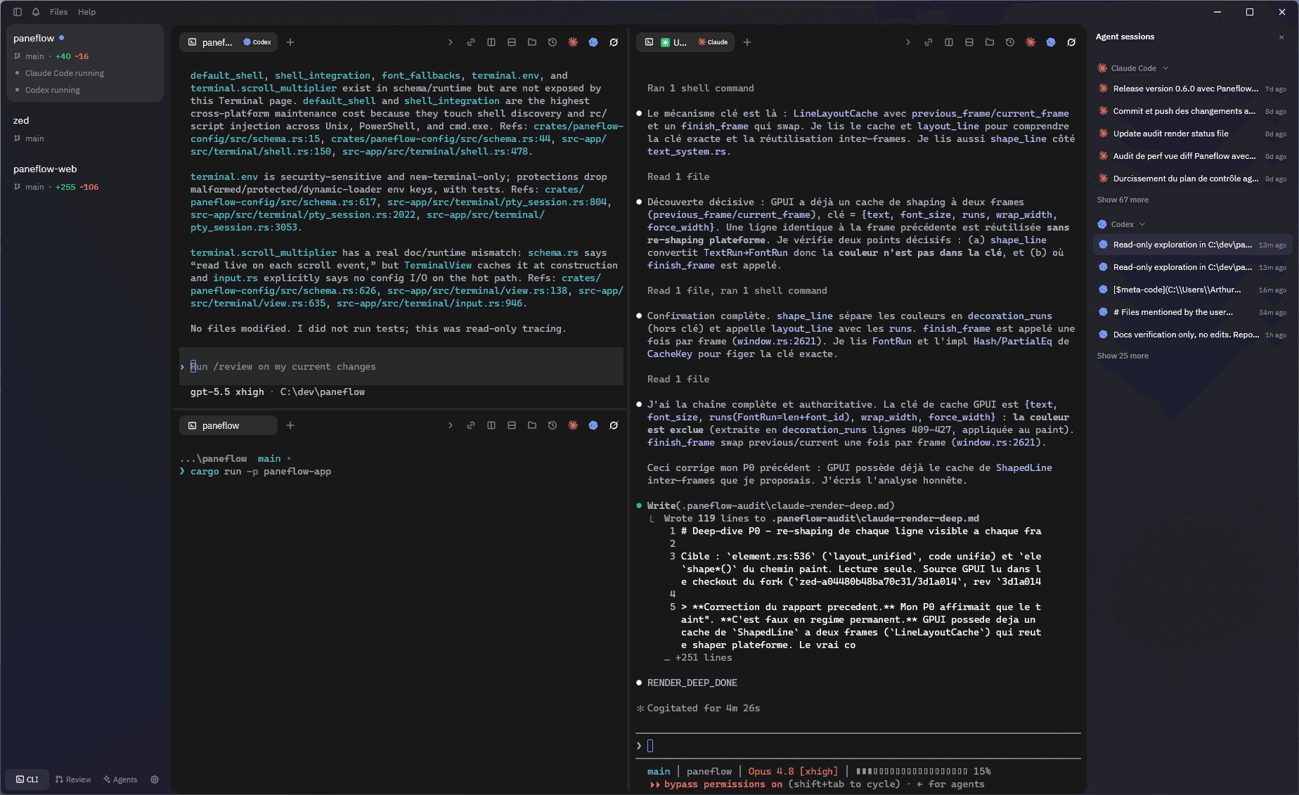 A Paneflow workspace grouping multiple agents, tests, and servers in panes