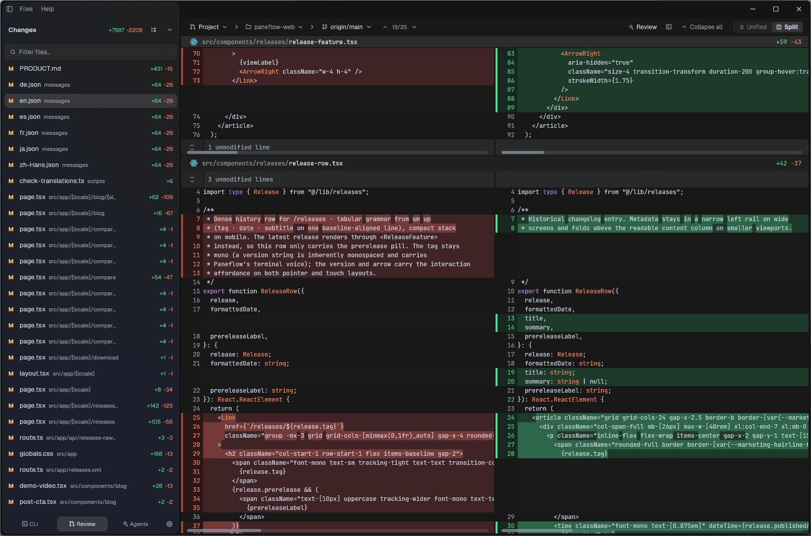 Paneflow Review interface showing changed files and a split diff for a branch