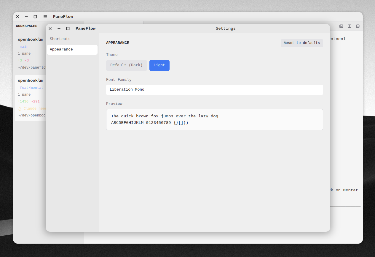 PaneFlow settings window with theme and font customization